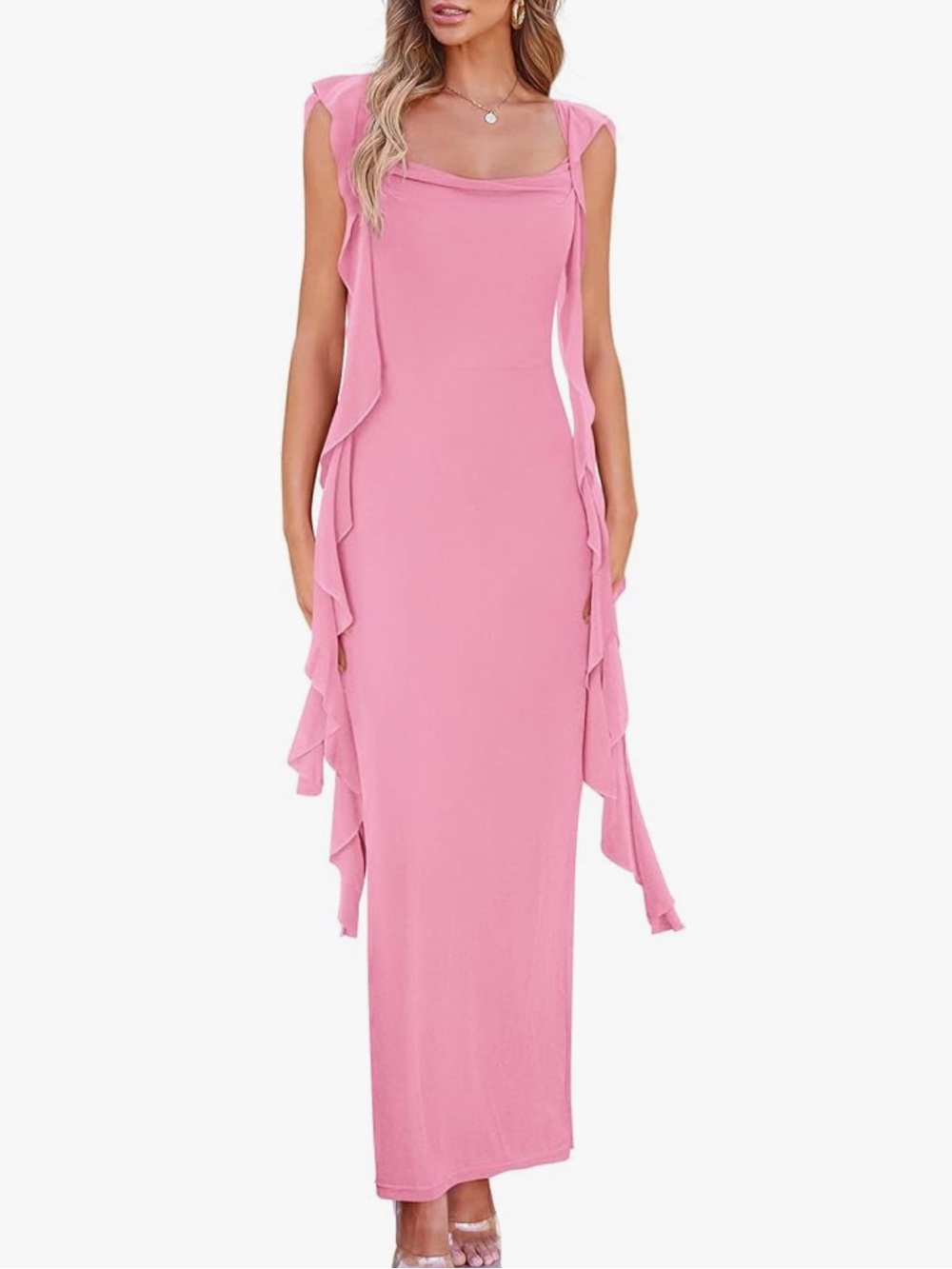 PrettyGarden Pink Cowl Neck Ruffle-Trim Maxi Bodycon Dress Sz M